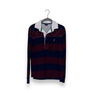 Ralph Lauren Sport Maroon Navy Blue Y2K Striped Long Sleeve Rugby Polo Shirt